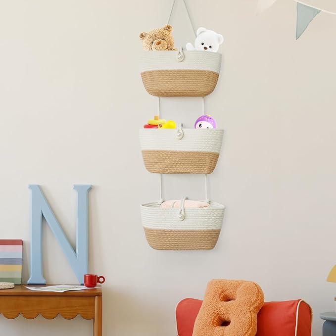 TeoKJ 3-Tier Hanging Baskets for Storage with Pearl Button Strap, Cotton Rope Over the Door Organizer, Wall-Mounted with Hook Decorative Hanging Kitchen Baskets, White & Jute