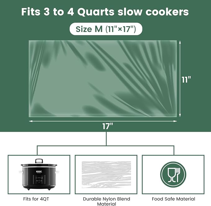 KOOC Slow Cooker Liners 11"x17" 20 count Middle Size Disposable Plastic Bags Pot Liners Cooking Bags Fit 3 qt to 4 qt Pot BPA Free