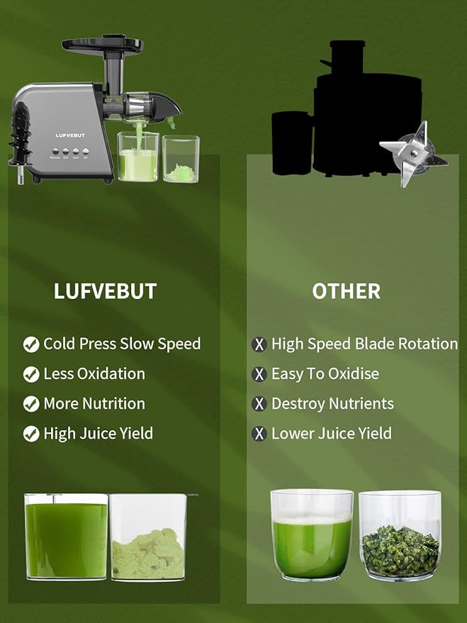 Juicer Slow Masticating for Tomato Ginger Wheatgrass Celery Beets, Home Kitchen Cold Press Juicer Machine for Fruits and Vegetables, Extractor de Jugos Y Vegetales, BPA Free, Easy Clean, Quiet Motor