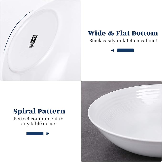 Y YHY 26 Ounces Porcelain Pasta Salad Bowls, White Soup Bowl Set, Wide and Shallow, Set of 6, Spiral Pattern, Christmas Thanksgiving