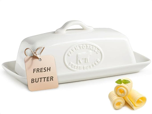 Cow Butter Dish, Ceramic Butter Dish with Lid for Countertop, White Butter Tray with Handle, Farmhouse Covered Butter Holder Container for East West Coast Butter Storage