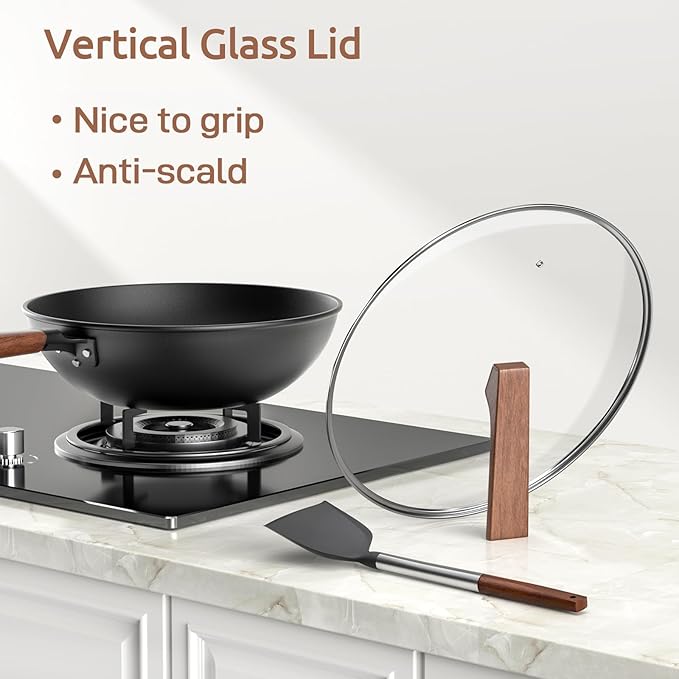 Carbon Steel Wok - Including Glass Cover and Silicone Spatula, 13-Inch Woks & Stir-Fry Pans for Induction, Electric, Gas Stoves