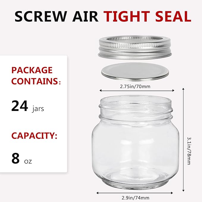 Betrome 8 oz Mason Jars, 24 Pack 240ml Glass Canning Jars with Regular Mouth Lids, Glass Storage Containers for Overnight Oats, Jam, Jelly, Honey, Beans, Spice, Wedding Party Favor, Shower Favor