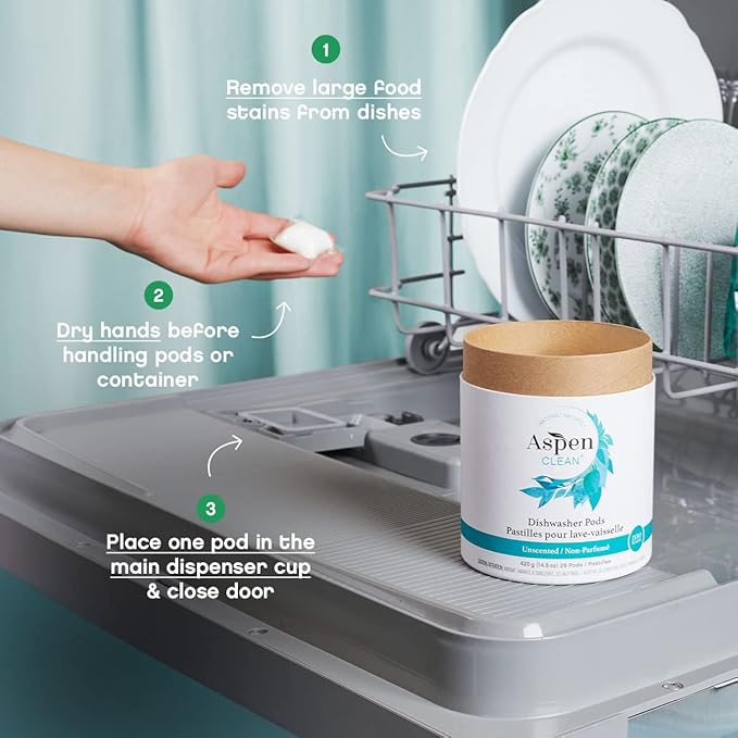 Unscented Dishwasher Pods by AspenClean, Dye-Free, Zero Plastic, Vegan, Eco-Friendly, Natural Dishwasher Detergent, EWG Verified™ - 28 Count (3 Pack)