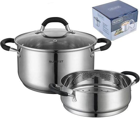 Stainless Steel 8 Quart Stock Pot with Steamer,8 Qt Deep Soup Pot for cooking,Multipurpose Stockpot with silicone Stay-cool Handle.