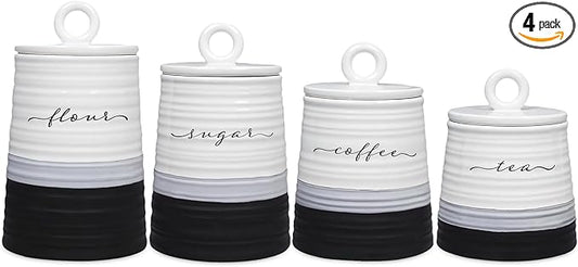 Young's Inc. 4 Pcs Set Rustic Modern Ceramic Canisters- Storage Container for Kitchen and Bathroom - Beautiful Home Decor Accent to Store Food, Coffee, Tea, and More - Black, White