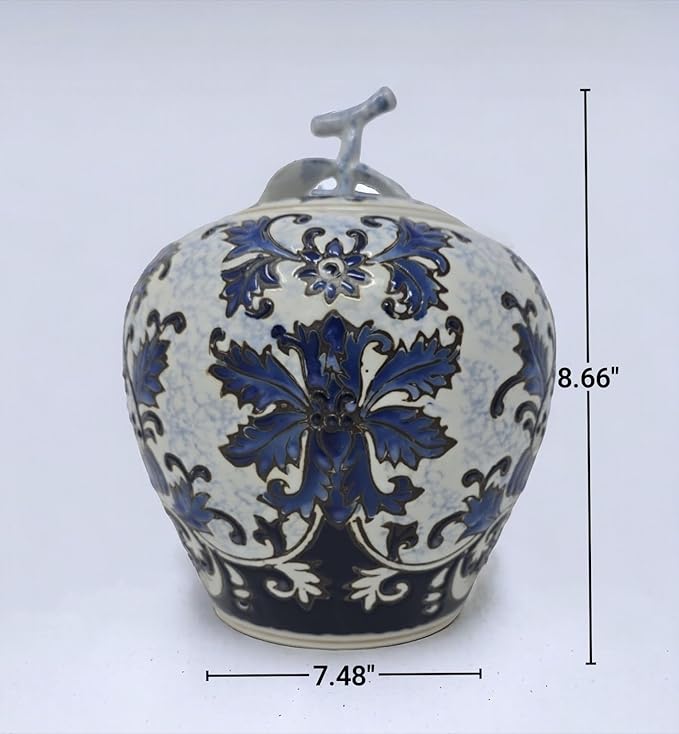 Festcool Blue and White Ceramic Flower Ginger Leaf Lid Jar Vase, Sugar Canister, Sugar Container, Tea Container, Hand-crafted Jingdezhen China