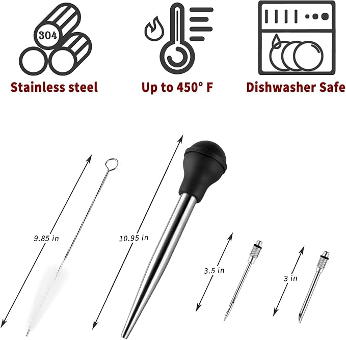 JY COOKMENT Stainless Steel Turkey Baster Baster Syringe for Cooking Meat Injector Set with 2 Marinade Needles 1 Cleaning Brush for Home Baking Kitchen Tool