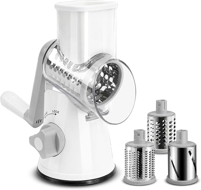 Rotary Cheese Grater Hand Crank with handle - Upgraded strong suction, changeable blades, handheld kitchen aid 3-in-1 Cheese Shredder. Kitchen Rotary Grater Slicer for Fruit, Vegetables, Nuts