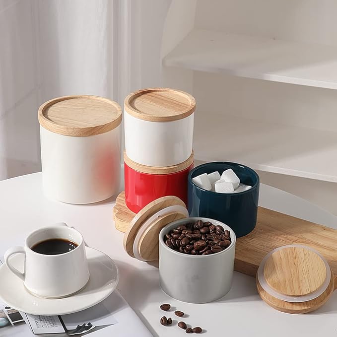 Sweejar Kitchen Canisters Ceramic Food Storage Jar, Stackable Containers with Airtight Seal Wooden Lid for Serving Ground Coffee, Tea, Sugar, Spice and More - 5 Fl Oz(Gray)