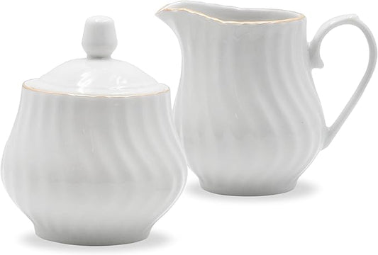 Sugar and Creamer Set - Porcelain Sugar and Creamer Vintage Tea Set with Gold Trims & Embossed Swirls - Exquisite Fine China Tea Set for Parties & Celebrations - Imperial Gold Set by Lynns