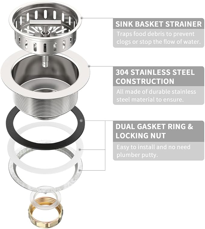 KONE 3-1/2 Inch Kitchen Sink Drain Strainer Assembly Made by All Stainless Steel with Strainer Basket/Drain Stopper, Replacement for Standard Commercial Drains