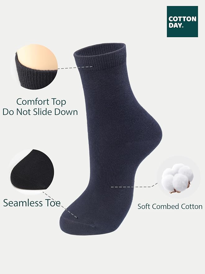 COTTON DAY Unisex Little Kids Youth Boys Girls Soft Cotton Crew Dress Socks Seamless Toe Black White Gray Navy 6 Pack