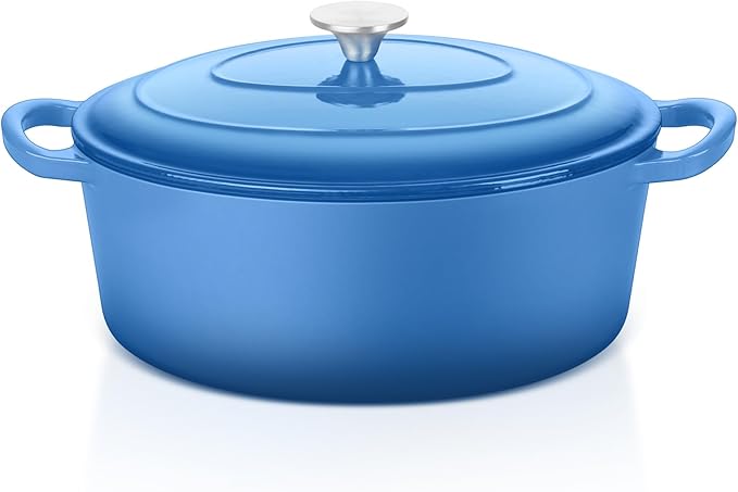 E-far 5QT Oval Dutch Oven Pot with Lid, Enameled Cast Iron Dutch Oven with Dual Handles for Sourdough Bread Baking Cooking, Nonstick Enamel Coated Cookware(Blue), Non-Toxic & Easy Clean