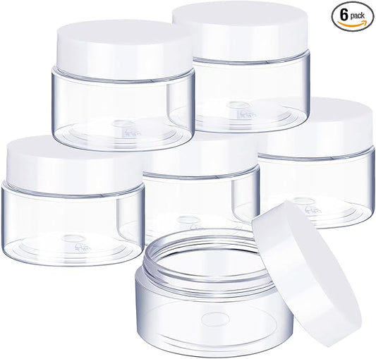 6 Pack 2 oz Plastic Pot Jars Round Clear Leak Proof Plastic Cosmetic Container Jars with White Lids for Travel Storage Make Up, Eye Shadow, Nails, Powder, Paint, Jewelry(2 oz)