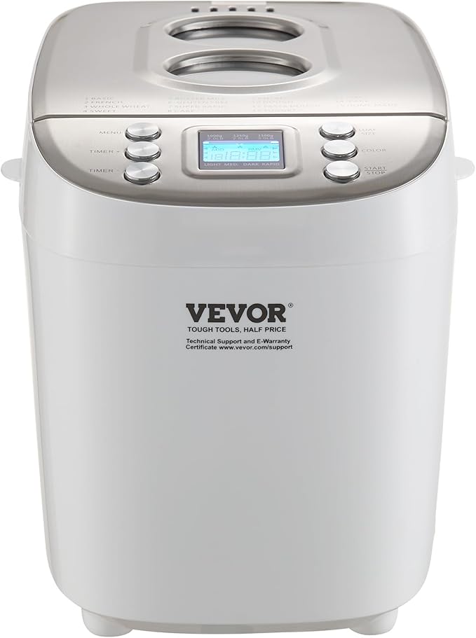 VEVOR Bread Maker, Dough Machine 15 Menus in 1, Non-Stick Ceramic Pan Automatic Breadmaker with Non-Gluten Setting, Whole Wheat Bread Making, Digital, Programmable, 3 Loaf Sizes, 3 Crust Colors, White