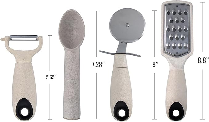 Beille 4pc Wheat Straw Kitchen Utensils Peeler Pizza Cutter Scoop and Grater