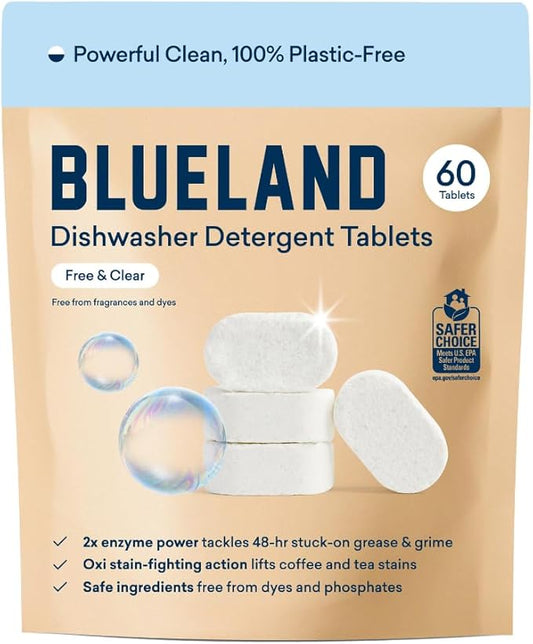 BLUELAND 100% Plastic-Free Dishwasher Detergent Tablets, 60 Count, Free & Clear, Eco-Friendly Dishwashing Pods, Natural, Sustainable