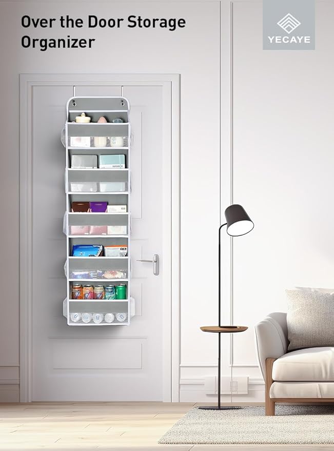 Yecaye 1 Pc Over the Door Organizer with 5 Bins 10 Side Pockets, 44lbs Load Hanging Bathroom and Bedroom Organizer, behind the Door Hanging Organizers for Nursery Newborn Baby Essential Stuff Grey