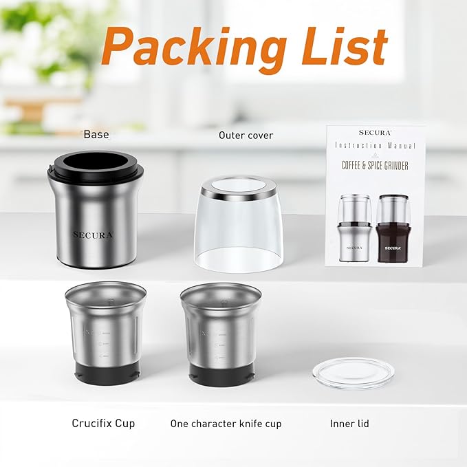 Secura Electric Coffee Grinder and Spice Grinder with 2 Stainless Steel Blades Removable Bowls