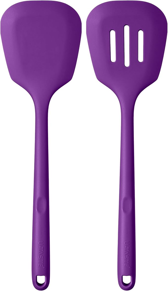 600ºF Heat Resistant Silicone Turners: U-Taste 13.6in Long Solid & Slotted Kitchen Spatula Flipper, Large Flexible Cooking Utensil for Flipping Egg, Pancake in Nonstick Cookware(Purple, 2PCS)