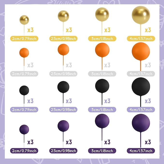 48 Pcs Balls Cake Topper Decorations Balloon Cupcake Toppers Foam Cake Topper Balls Cake Balls Decorations for Halloween Birthday Party Wedding Cake Decorating(Purple,Black,Orange,Gold)