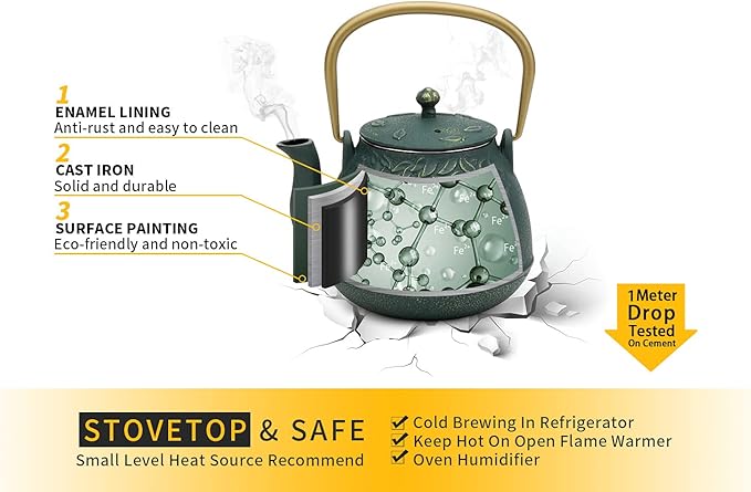 TOPTIER Japanese Cast Iron Tea Kettle with Infuser, Leaf Design Teapot Stovetop Safe Coated with Enameled Interior for 32 Ounce (950 ml), Dark Green