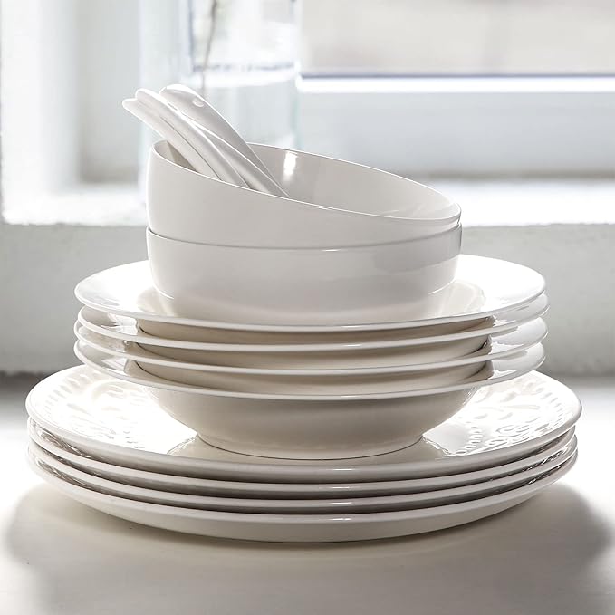 Artena Pasta Bowls 20oz, Large Salad Serving Bowls, 10 inch White Soup Bowl, Porcelain Pasta Bowl Set of 4, Rimmed Deep Pasta Plates, Wide and Shallow for Dinner, Microwave Dishwasher Safe