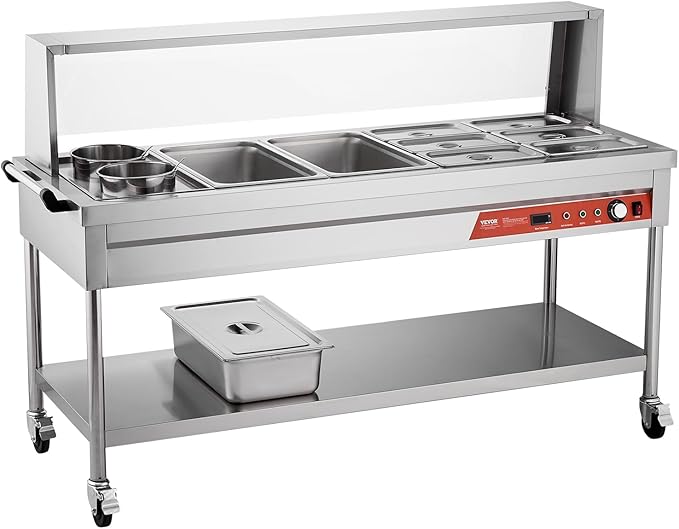 VEVOR Commercial Food Warmer, 8 Pans + 2 Pots Electric Steam Table, 1800W Professional Buffet Catering Food Warmer with Shield Undershelf Wheels, Stainless Steel Server for Party Restaurant