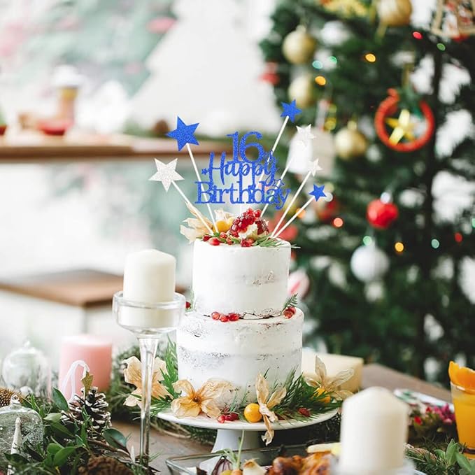 Glittery 16th Cake Topper with Star Boys and Girls 16th Birthday Party Supplies, Sixteen Years Old Birthday Party Decorations Royal Blue