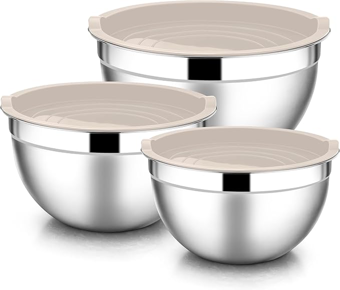 E-far Mixing Bowls with Lids, 6-Piece Stainless Steel Salad Bowls Metal Nesting Bowls for Baking Cooking and Prepping, Airtight Lids & Stackable Design, Size 4.5, 3, 1.5 QT (Khaki)