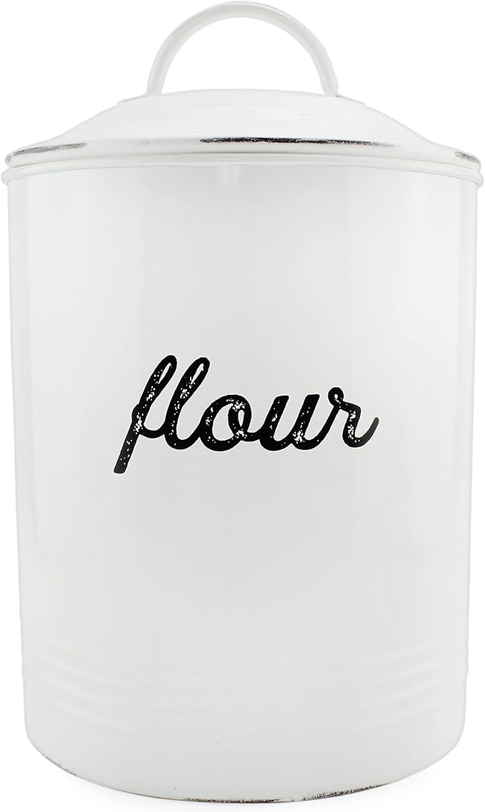 AuldHome Design Enamelware White Flour Canister; Rustic Distressed Style Staples Storage for Kitchen