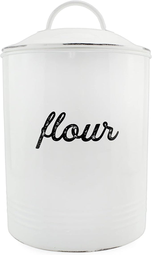 AuldHome Design Enamelware White Flour Canister; Rustic Distressed Style Staples Storage for Kitchen