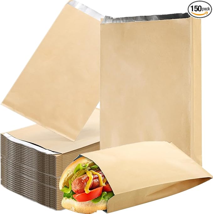 150 Pack Foil Sandwich Wrappers, 4 LB Insulated Hot Dog Wrap Pouch, Grease Resistance Paper Hamburgers Bags for Breakfast Lunch, Fast Food Truck, Serving, BBQ, Brown
