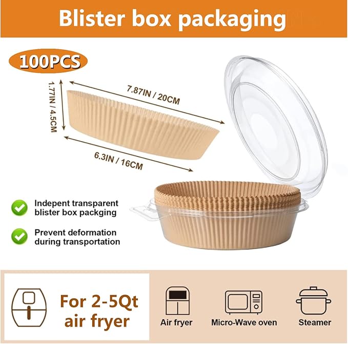 Air Fryer Liner Round,100PCS 6.3 inch Disposable Liners for 2 to 4.9Qt Air Fryer,Unbleached Non-stick Non-leak Airfryer Parchment Paper liner