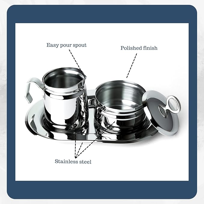 Regent OVATION Stainless Steel Sugar and Creamer Set on Tray Creamer and Sugar Bowl Set Stainless Steel Latte Milk Cup Cream Jug and Sugar Bowl Tray for Coffee Serving Set Frothing Milk