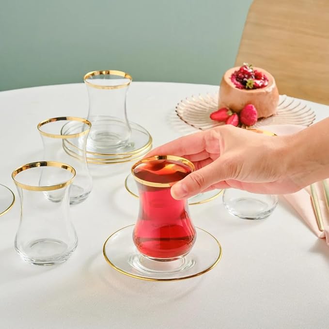 KARACA Sydney Glass Turkish Tea Set for 6 People, Gold, 12 Pieces Tea Service, 6 Turkish Tea Glasses with Saucers, Glass, 5.4 fl oz Tea Plates/Saucers