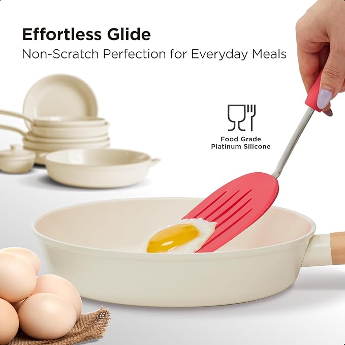 Kitchen Mama WaltzGrip Platinum Silicone Pancake Spatula Turner: Heat Resistant Flexible, Stainless Steel Core, Nonstick, Dishwasher Safe, Flipper – Ideal Kitchen Cookware for Eggs, Fish, Meat (Red)