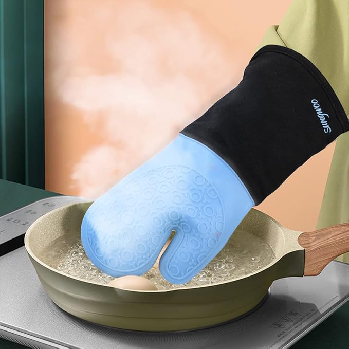 sungwoo Extra Long Silicone Oven Mitts, Heat Resistant Oven Gloves with Quilted Liner Non-Slip Textured Grip Perfect for BBQ, Baking, Cooking and Grilling - 1 Pair 14.6 Inch Sky Blue & Black