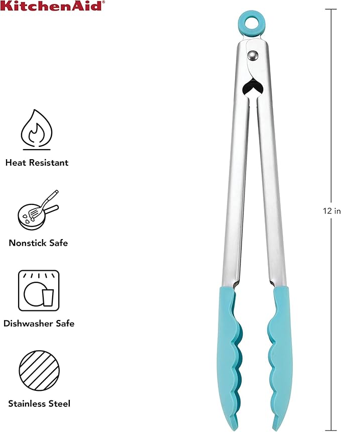 KitchenAid Silicone Tipped Stainless Steel Tongs, 12 Inch, Aqua Sky