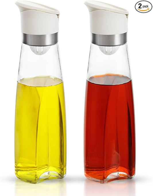 Premium Glass Olive Oil and Vinegar Dispenser Bottles Set, 2-Piece Kitchen Cooking Cruet with Auto-Open Lid, Non-Drip Pouring Spout, Oil Infuser Filter, Dishwasher Safe (White 16oz)
