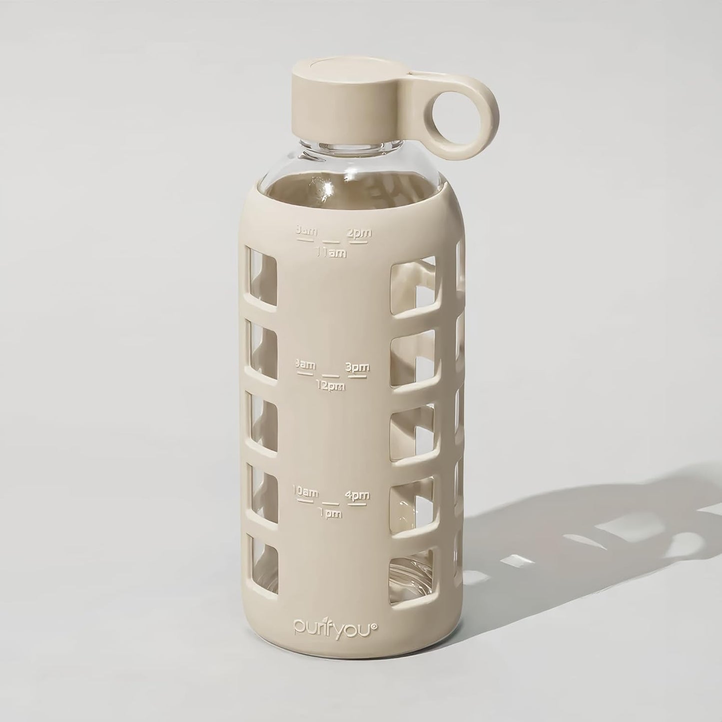 purifyou 40oz / 32oz / 22oz / 12oz Borosilicate Glass Water Bottle with Time & Volume Markers, Silicone Sleeve, Stainless Steel Lid – Reusable Glass Bottle for Water & Juice (22oz Pearled Ivory)