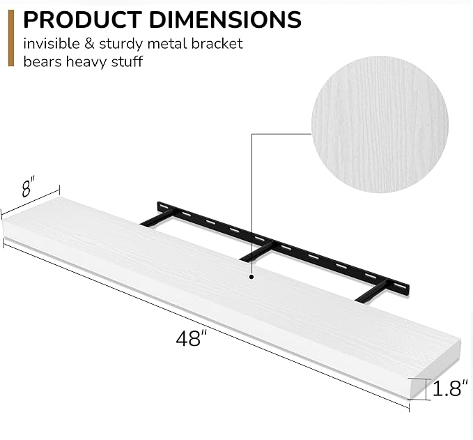 Fun Memories 48 Inch Floating Shelves - Fireplace Mantel Shelf - Deep Wall Mounted Wood Storage Shelf for Bedroom, Kitchen, Farmhouse - 1 Pack, Rustic White