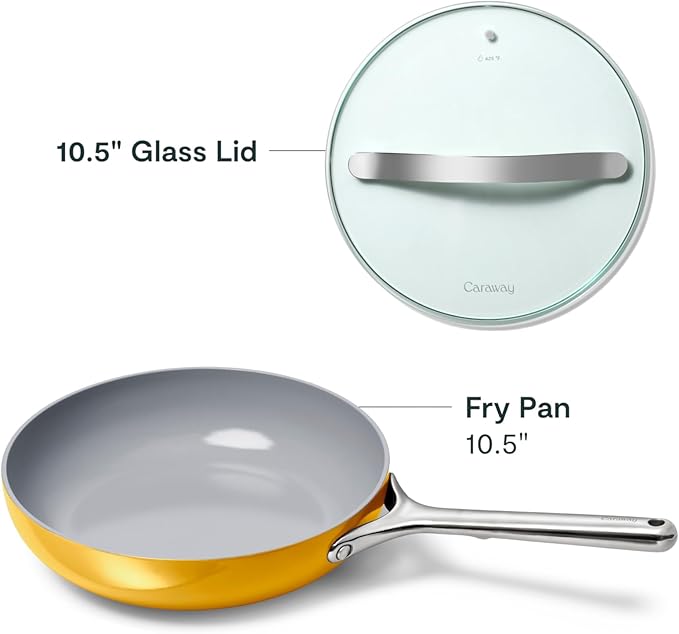 Caraway Nonstick Ceramic Frying Pan With Glass Lid (2.7 qt, 10.5") - Non Toxic, PTFE & PFOA Free - Oven Safe & Compatible with All Stovetops (Gas, Electric & Induction) - Marigold