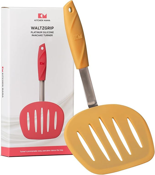 Kitchen Mama WaltzGrip Platinum Silicone Pancake Spatula Turner: Heat-Resistant, Slotted Tapered Head, Stainless Steel Core, Durable, Dishwasher-Safe, Ideal for Flipping and Wok Use (Yellow)