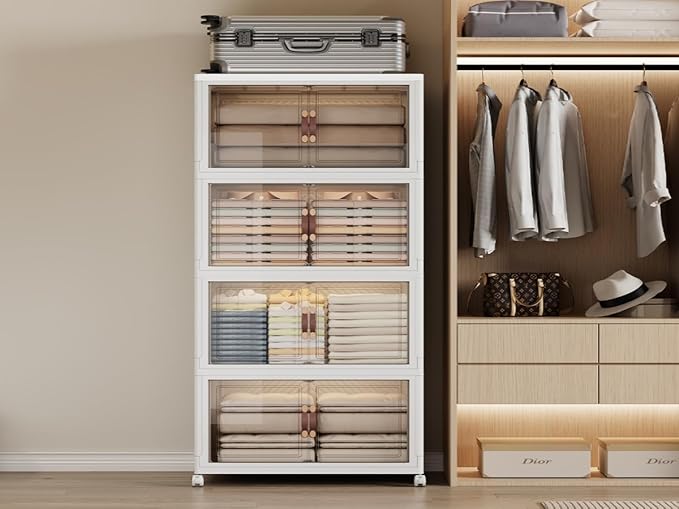 SAILUN 433QT/108 Gal Extra Stackable Storage Bins Large Collapsible Storage Bins with Wheels and Lid, Open Front Folding Closet Organizers and Storage,4Pack 26" W x 17" D x 56.7" H