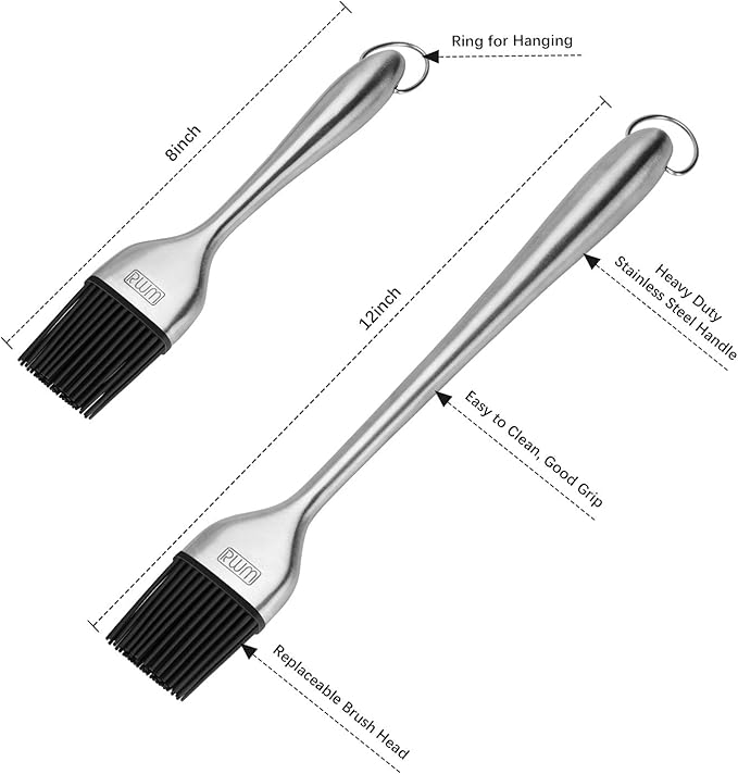 Basting Brush - Grilling BBQ Baking, Pastry and Oil Stainless Steel Brushes with Back up Silicone Brush Heads(Orange) for Kitchen Cooking & Marinating, Dishwasher