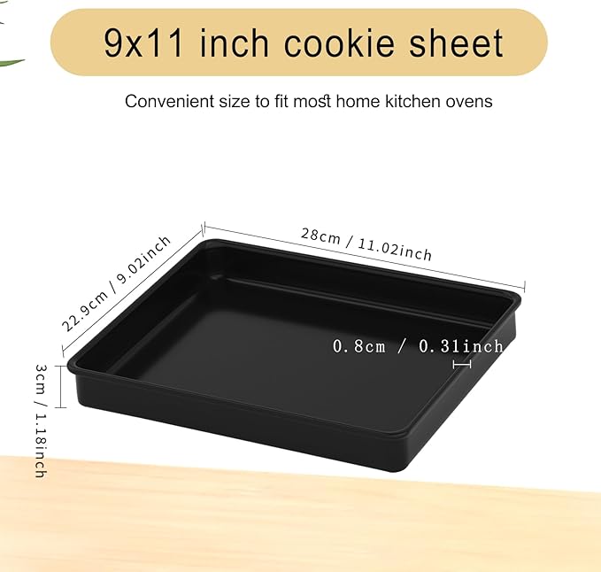 9x11 Inch Cookie Sheet, Baking Tray for Toaster Oven, Non Stick Baking Sheet Pan for Biscuits, Vegetables, Easy to Clean, Non-Warp Heavy Duty Pans, Black, 2-Pack