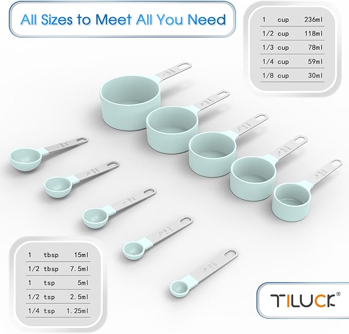 TILUCK Measuring Cups & Spoons Set, Stackable Cups and Spoons, Nesting Measure Cups with Stainless Steel Handle, Kitchen Gadgets for Cooking & Baking (Green)