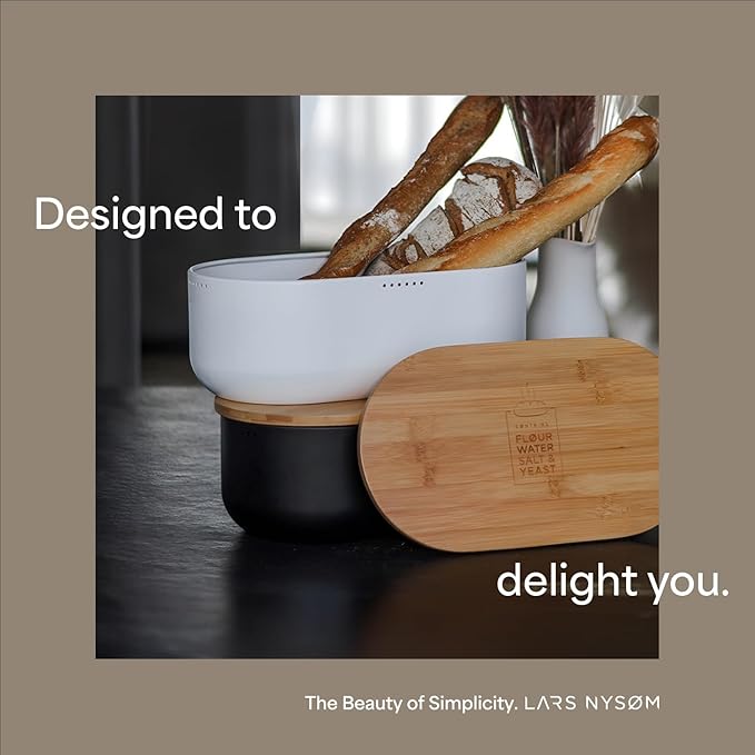 LARS NYSØM Bread Box I Metal Box with linen bag for long lasting freshness I Bread Bin with bamboo lid usable as cutting board I 14.2x7.5x5.1 In (Brick Red)